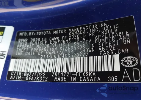 2016 Toyota Corolla S Plus z USA, uszkodzony, nr VIN 2T1BURHE4GC520722